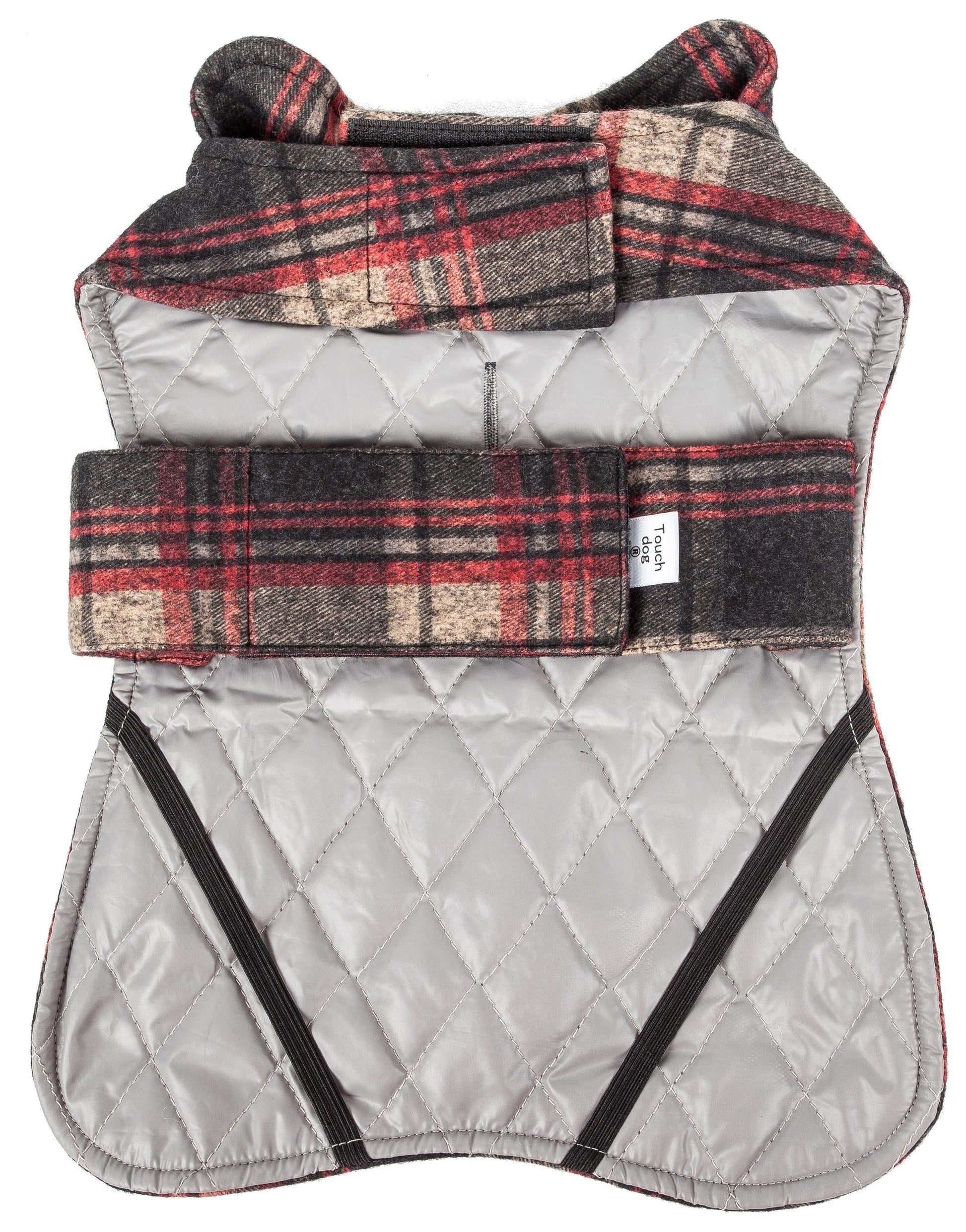 Quilted dog vest with plaid pattern on a white background