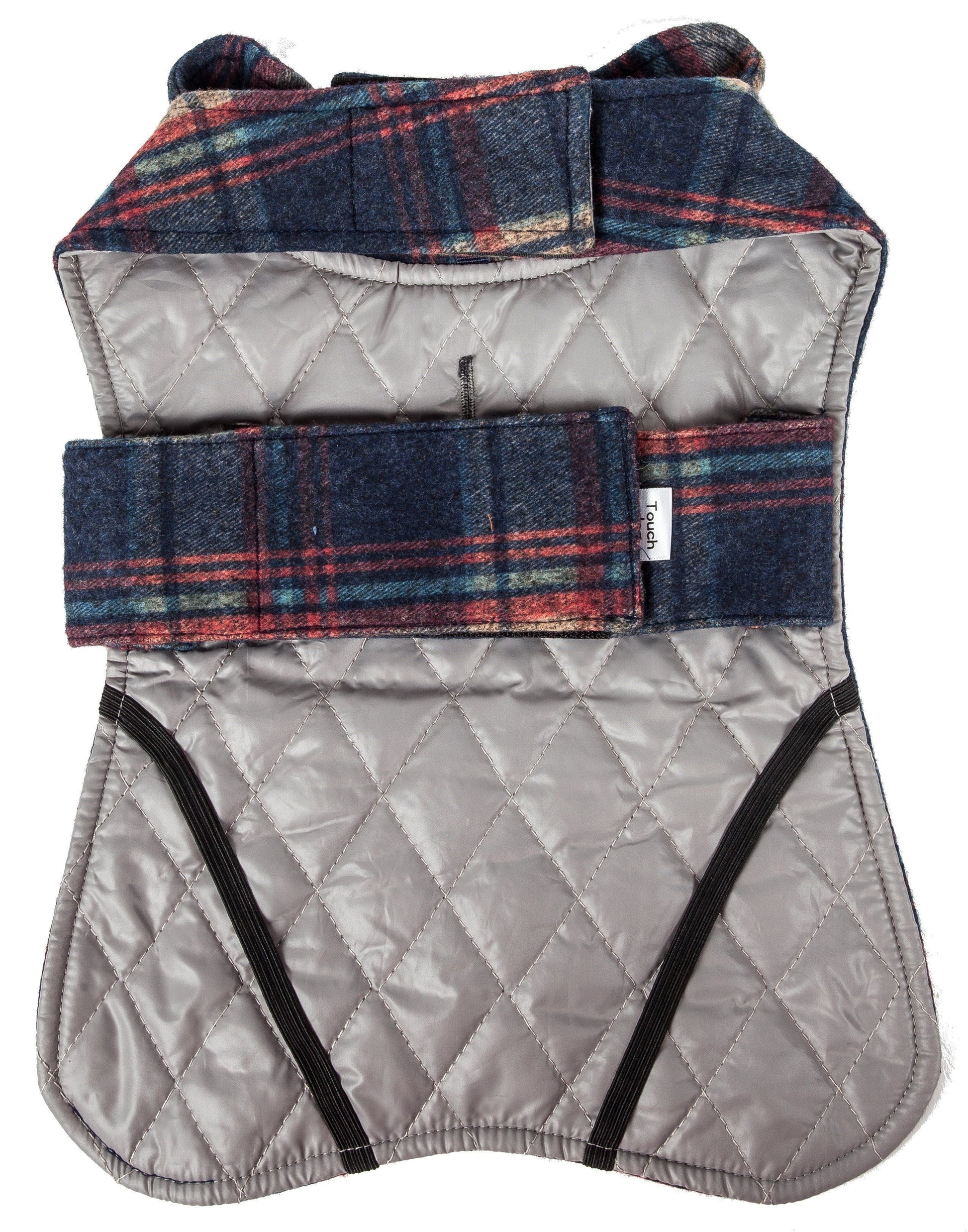 Quilted dog coat with plaid pattern on a white background