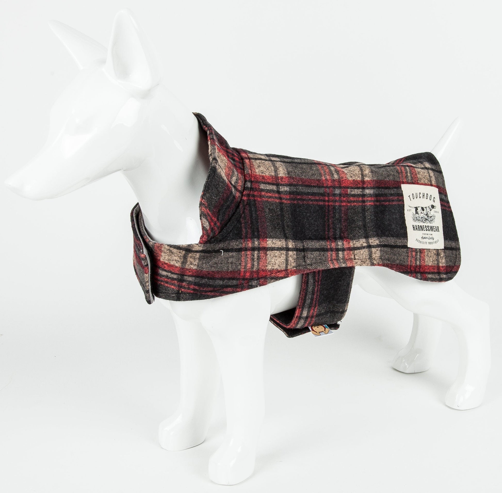 Plaid dog harness on a mannequin with a white background
