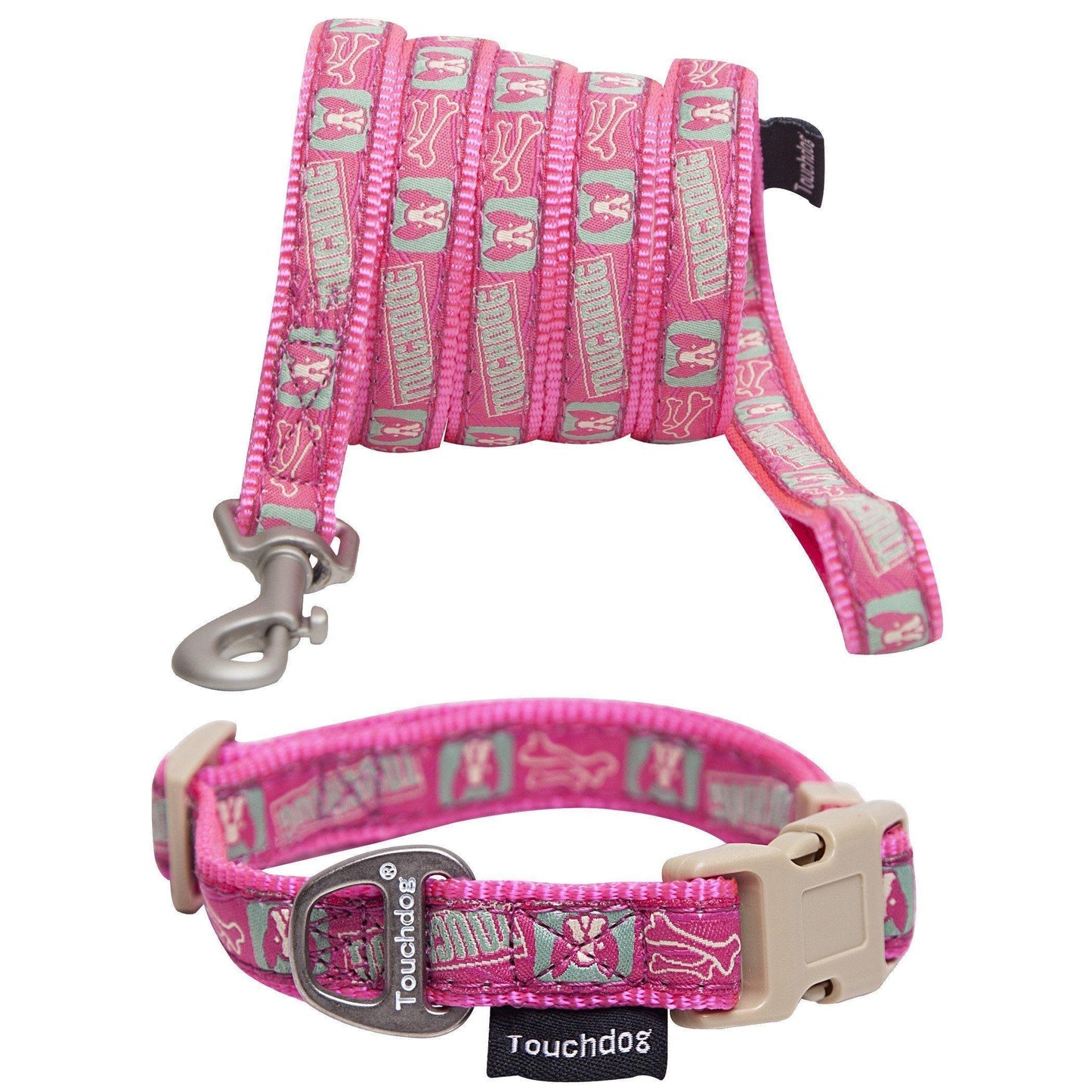 Pink dog collar and leash set with patterned design on a white background