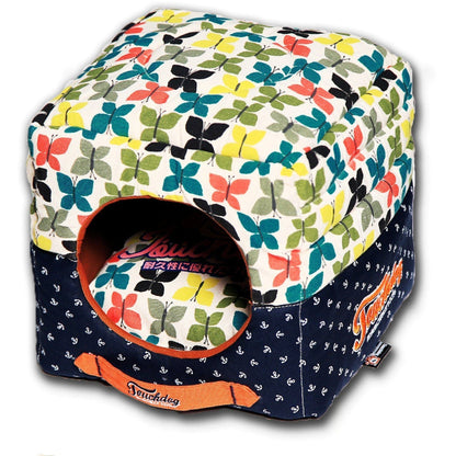 Colorful butterfly-patterned pet house with a visible brand logo on a white background