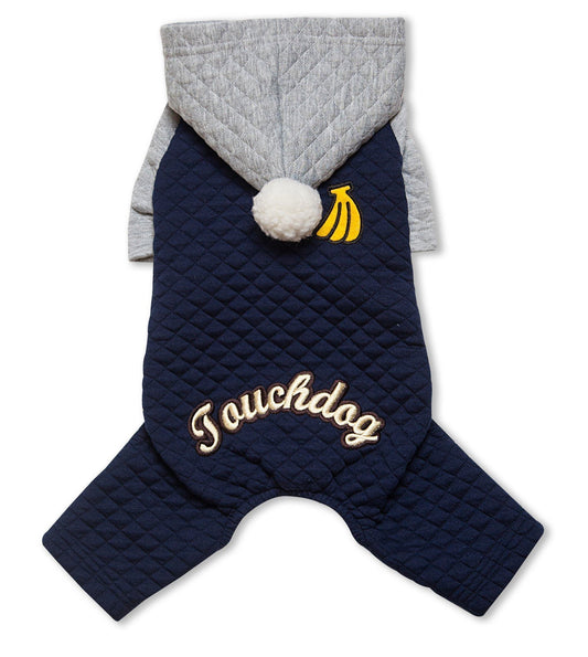 Navy quilted dog coat with gray hood and 'Touchdog' branding on a white background