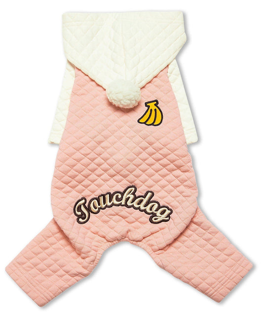Pink quilted dog coat with white hood and 'Touchdog' branding on a white background