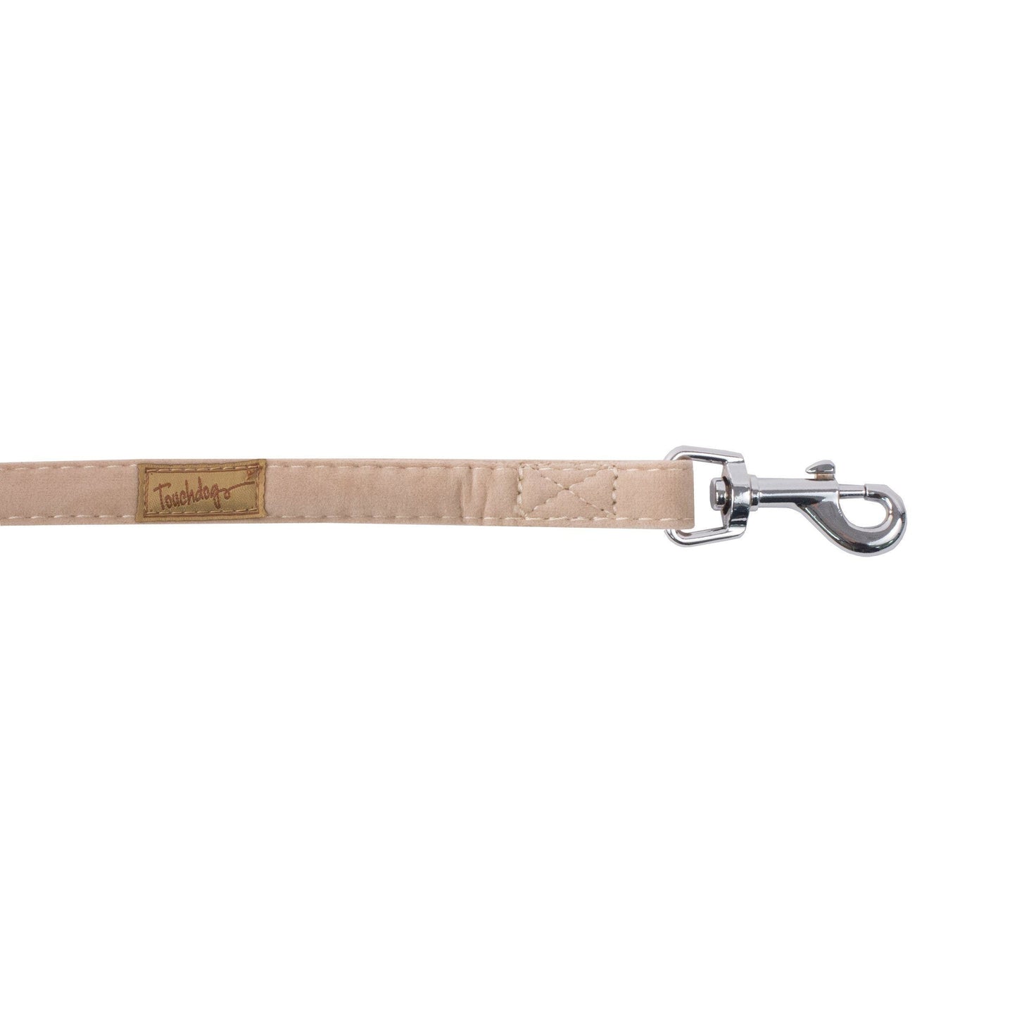Beige dog leash with a metal clip on a white background