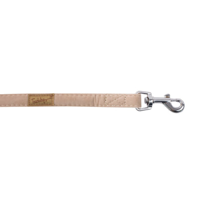 Beige dog leash with a metal clip on a white background