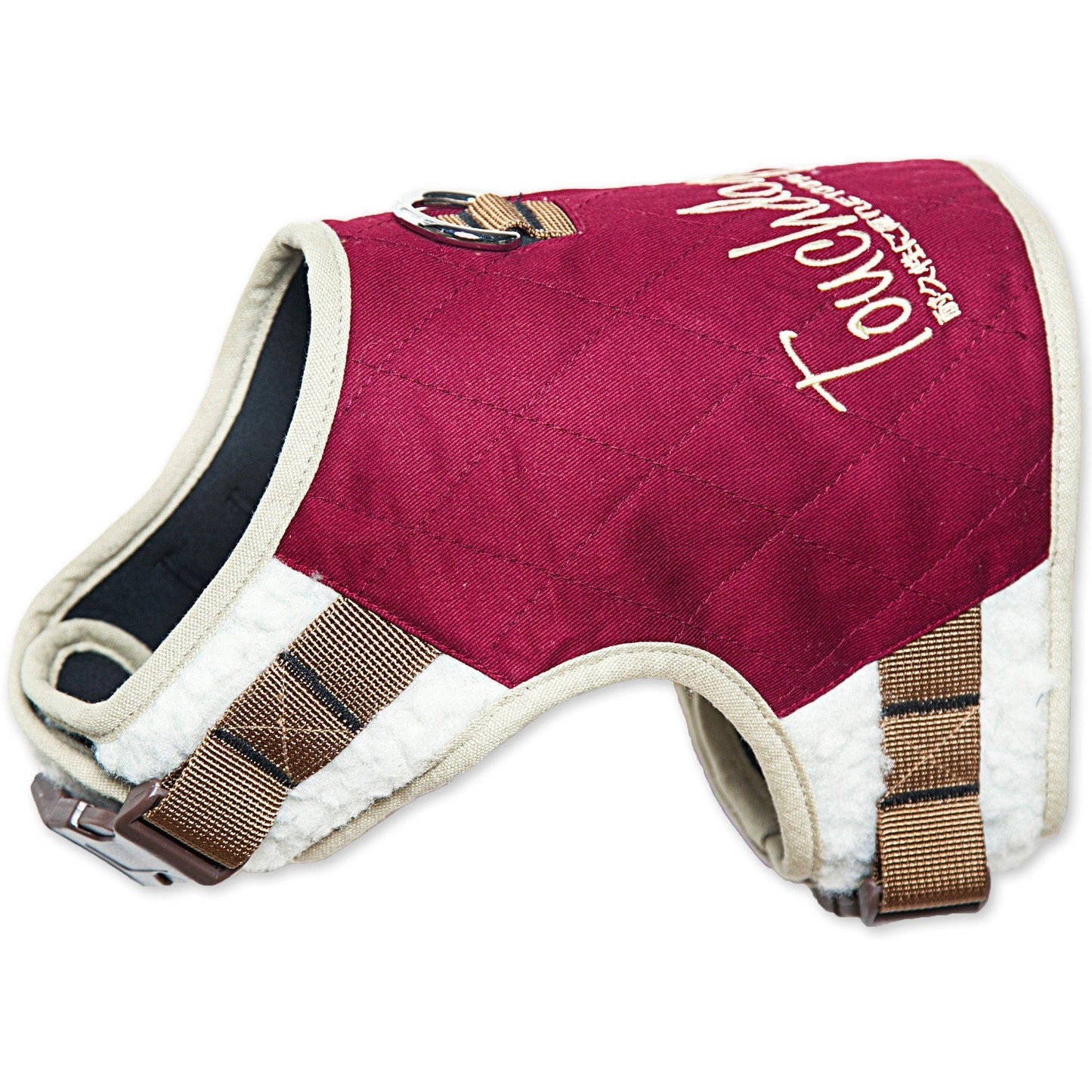 Red dog harness with white text on a white background