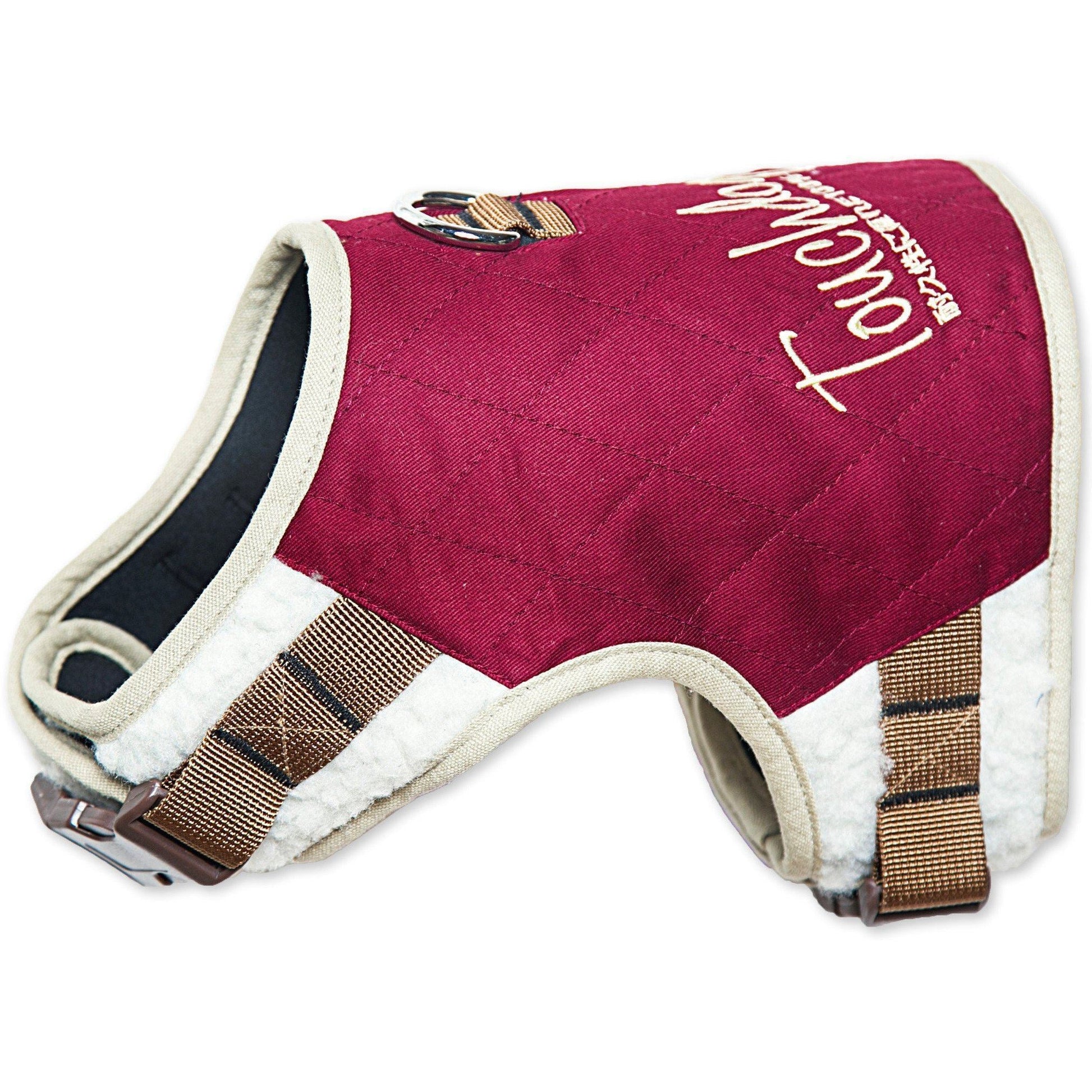 Red dog harness with white text on a white background