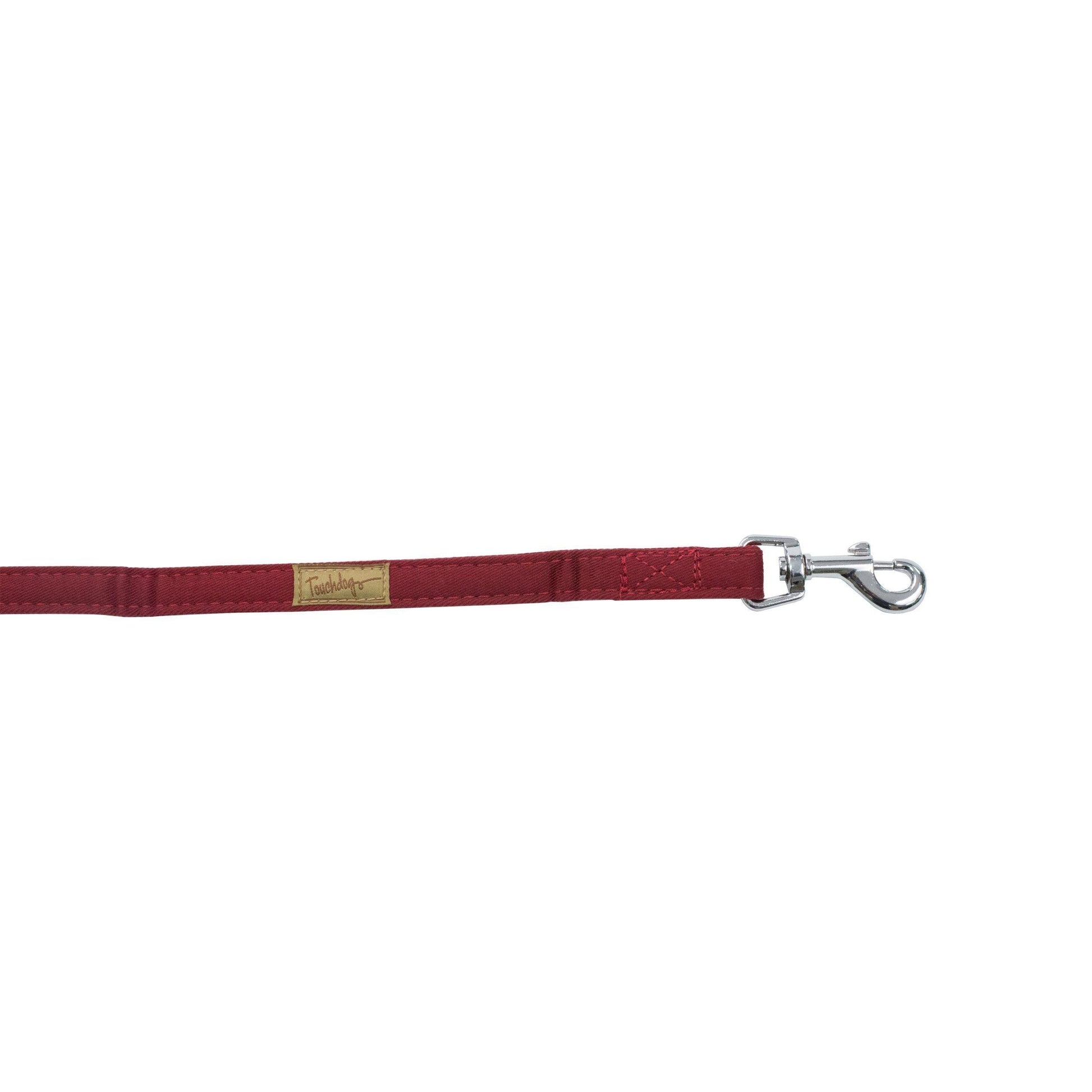 Red dog leash with a silver clasp on a white background
