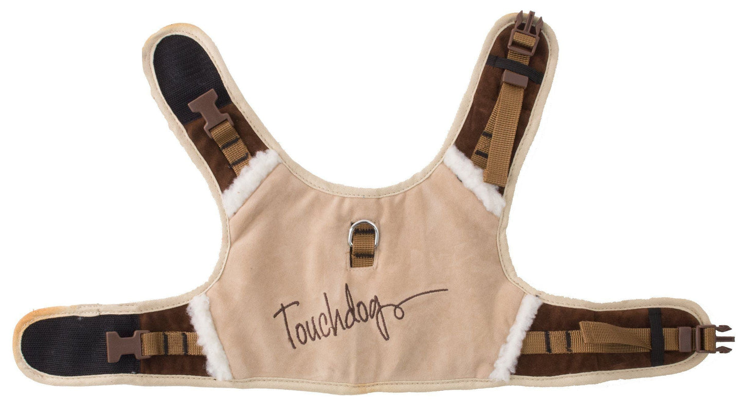 Beige dog harness with brown straps and 'Touchdog' branding on a white background