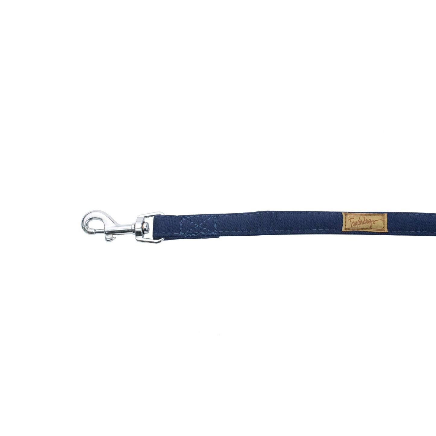 Navy blue dog leash with metal clip on a white background