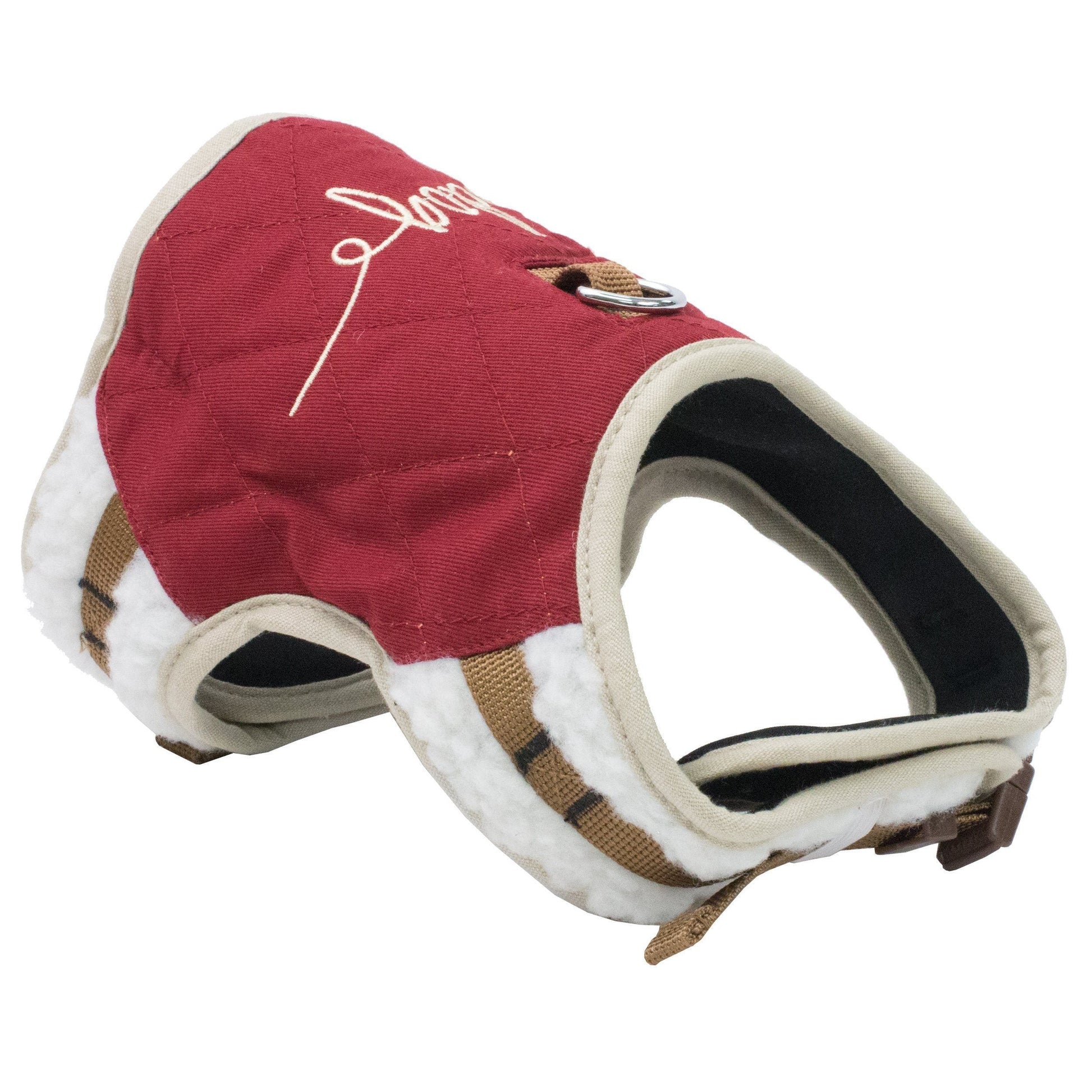 Red pet coat with white interior and brown accents on a white background