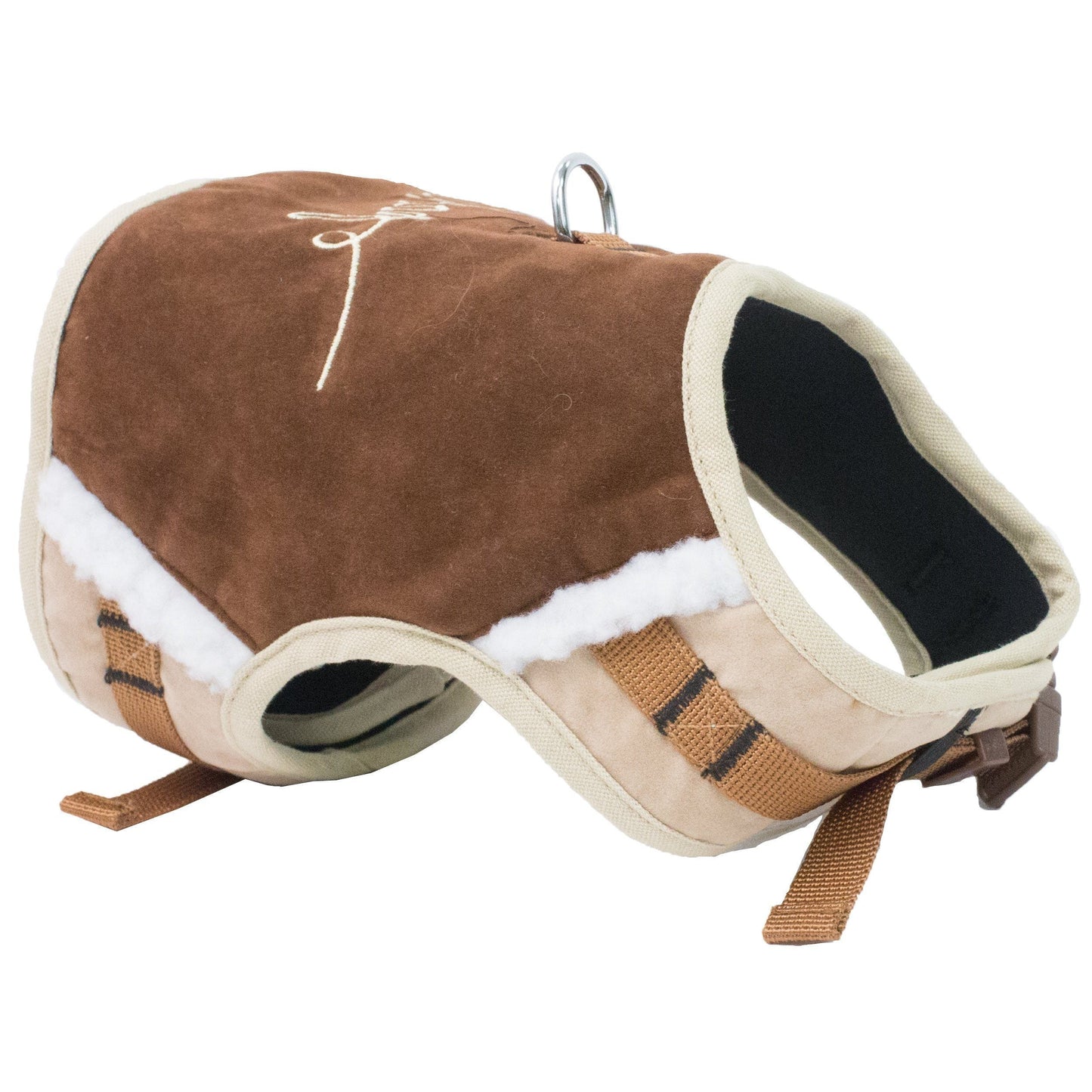 Brown and beige dog harness on a white background