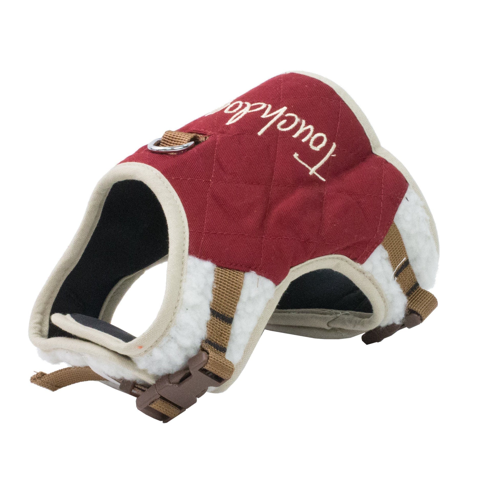 Red and white dog harness with 'Touchdog' branding on a white background