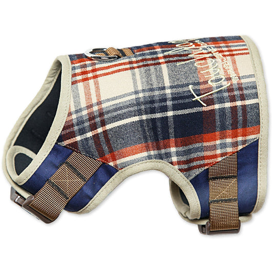 Plaid patterned dog harness with visible brand name on a white background