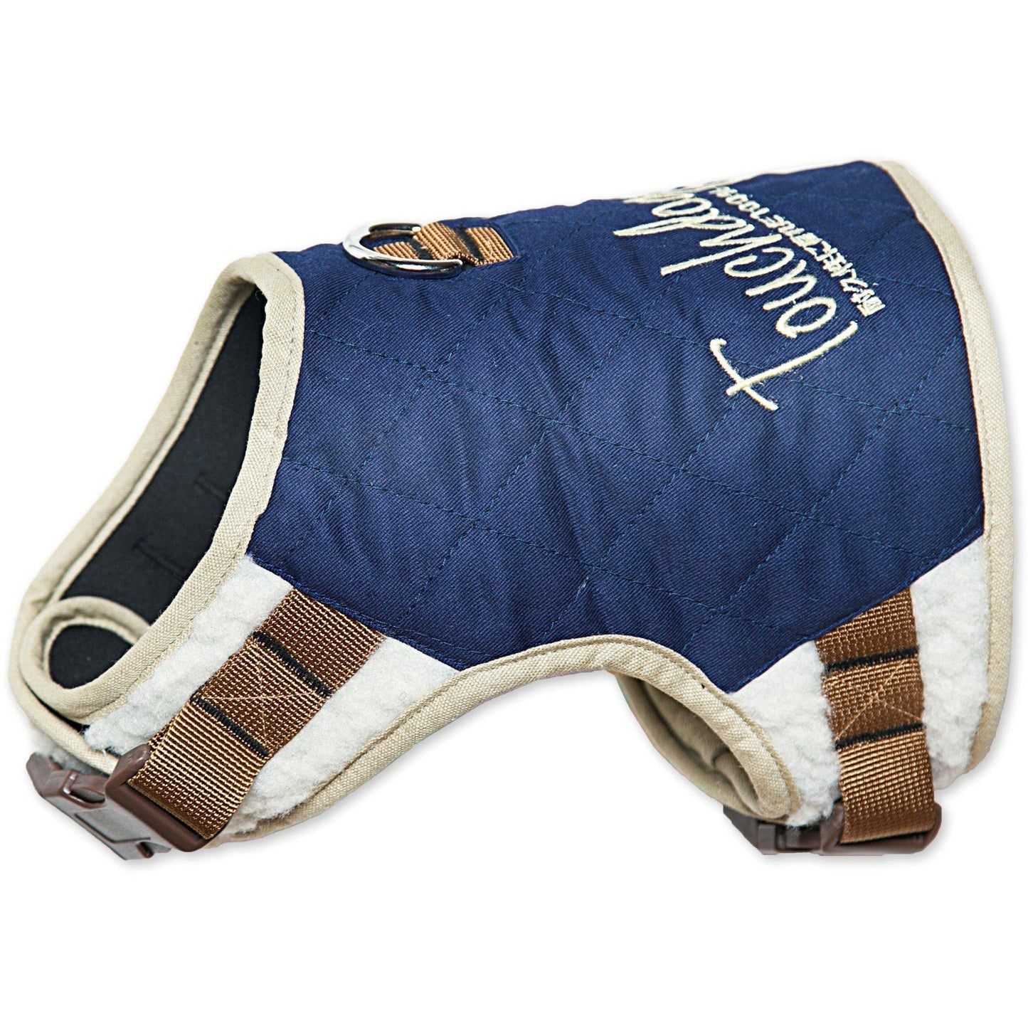 Blue dog harness with brown straps on a white background