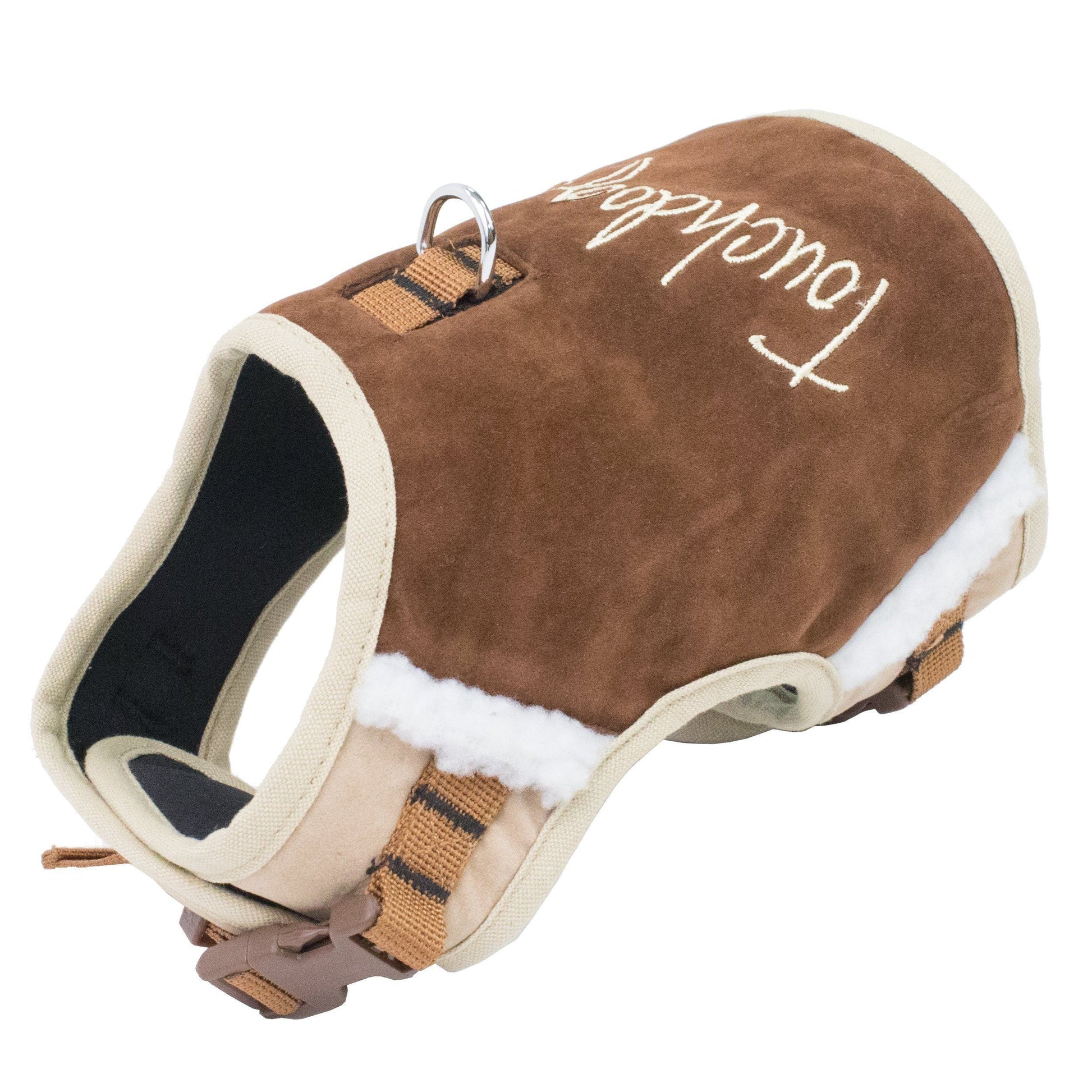Brown dog harness with white text on a white background