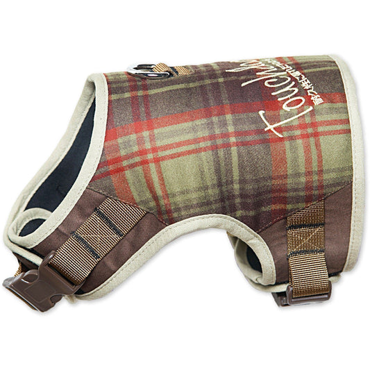 Plaid patterned dog harness with brown straps on a white background