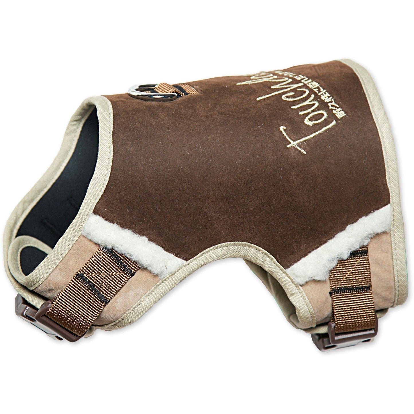 Brown dog harness with white interior and visible brand name on a white background