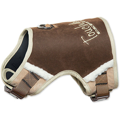 Brown dog harness with white interior and visible brand name on a white background