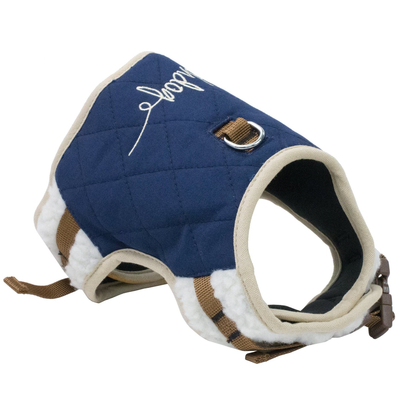 Blue dog coat with white fur trim on a white background