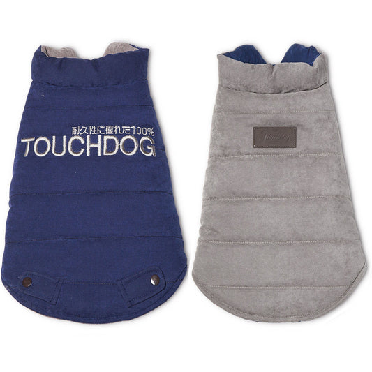 Two dog coats, one blue and one gray, with 'TOUCHDOG' branding on a white background.