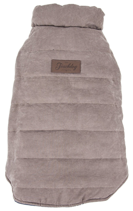 Brown dog coat with a brand label on a white background