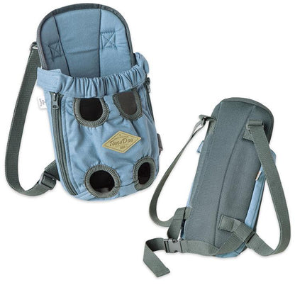 Pet carrier backpack with blue cushion and gray straps on a white background