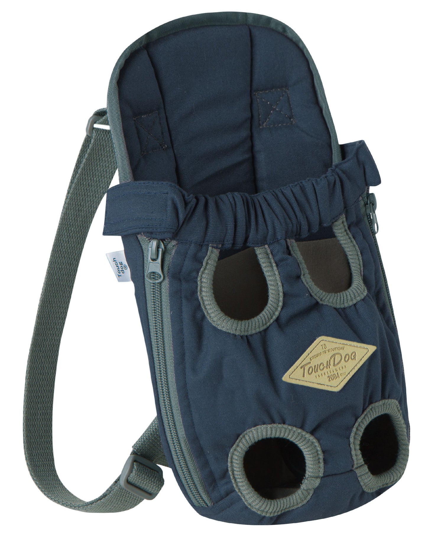 Blue pet carrier with a strap on a white background