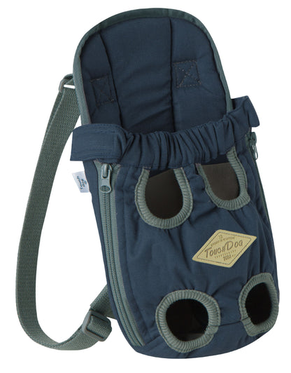 Blue pet carrier with a strap on a white background