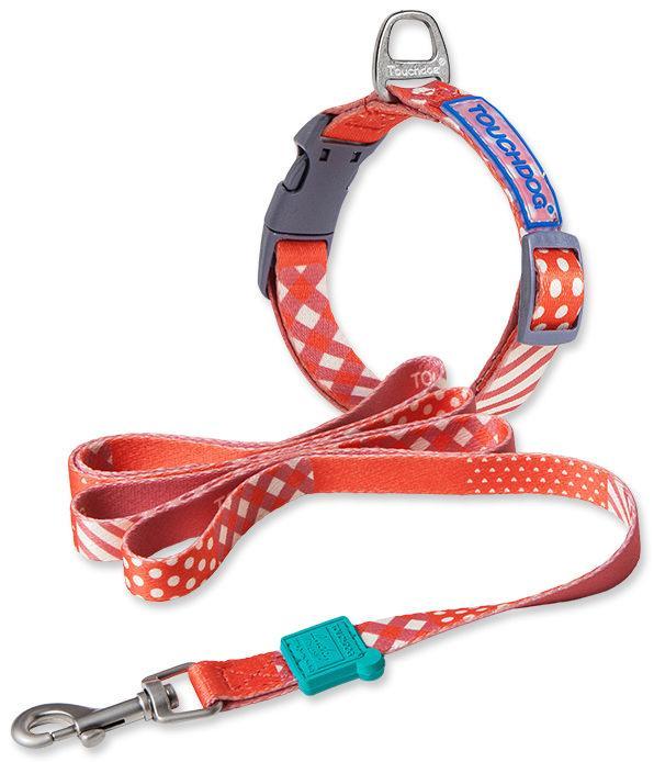 Dog collar and leash set with red and white pattern on a white background