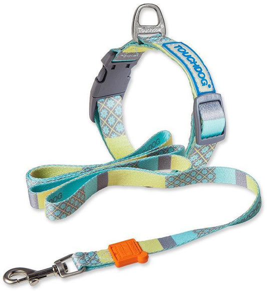 Dog leash with colorful pattern on a white background