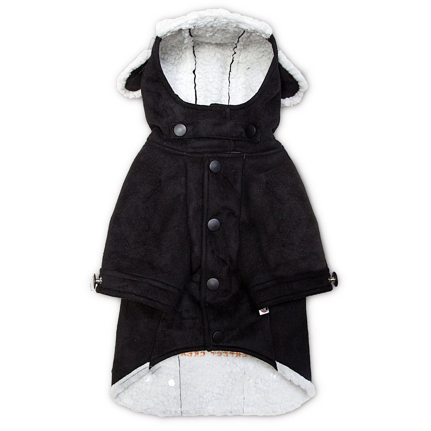 Black dog coat with gray lining on a white background