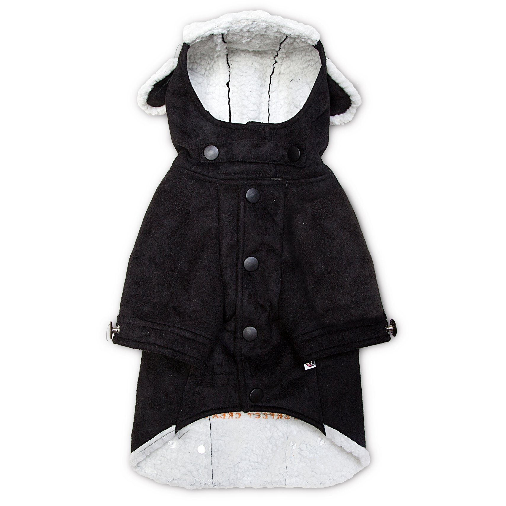 Black dog coat with gray lining on a white background
