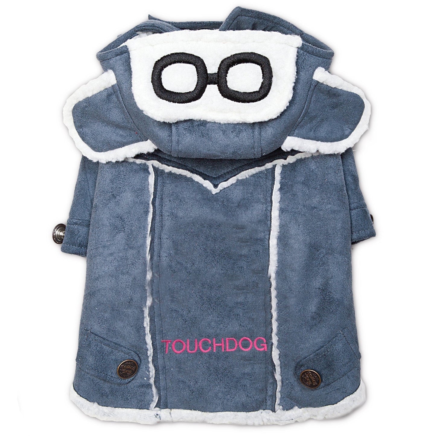 Dog coat with glasses design and 'TOUCHDOG' branding on a white background