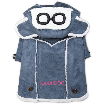 Dog coat with glasses design and 'TOUCHDOG' branding on a white background