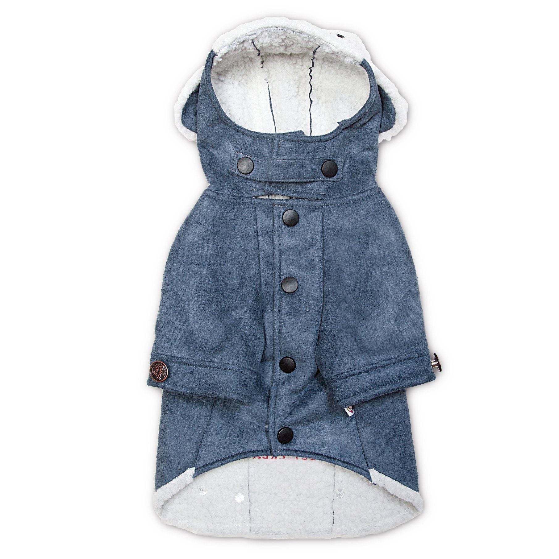 Blue denim-style dog coat with white lining on a white background