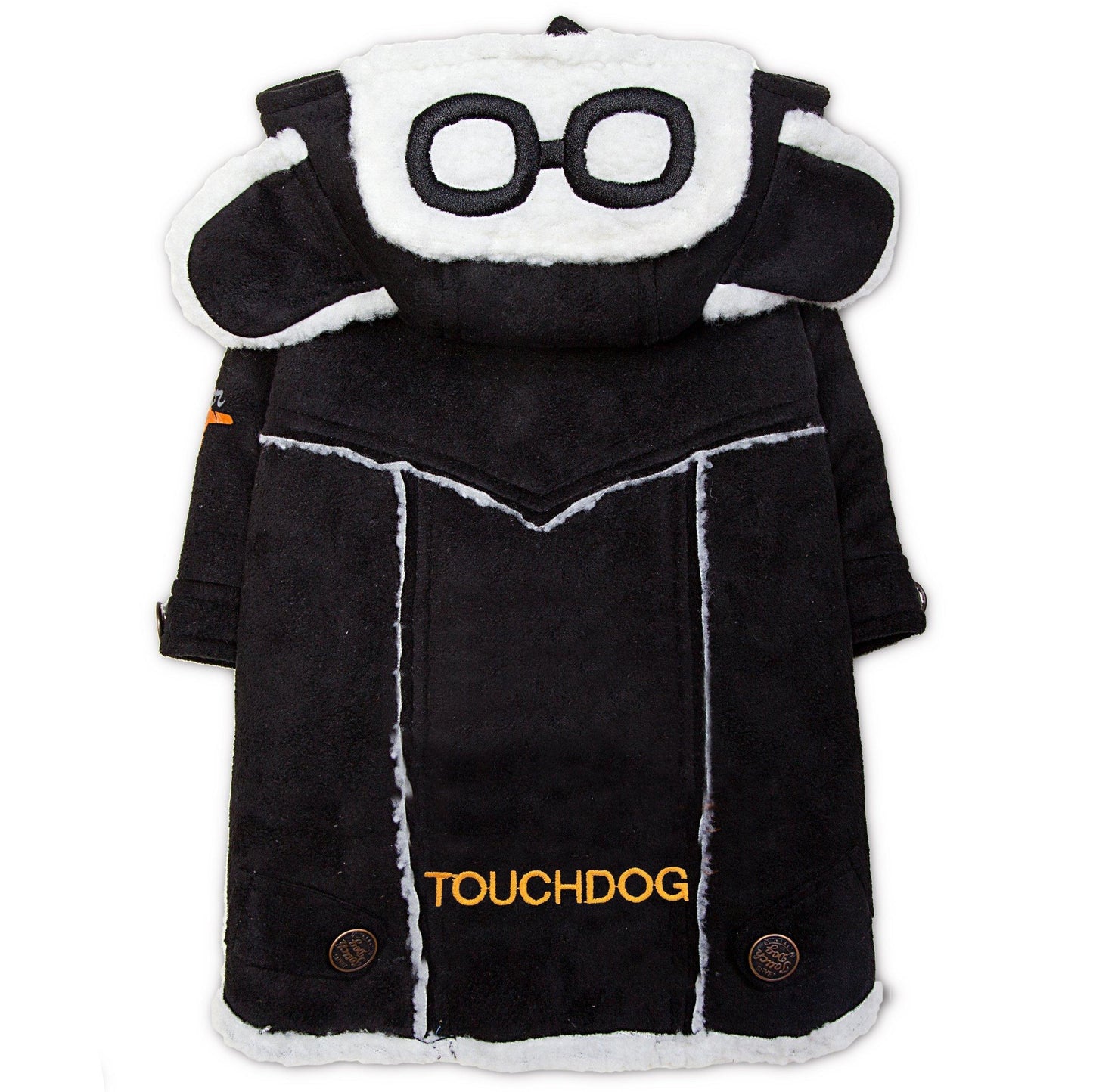 Black and white dog coat with panda design and 'TOUCHDOG' branding on a white background