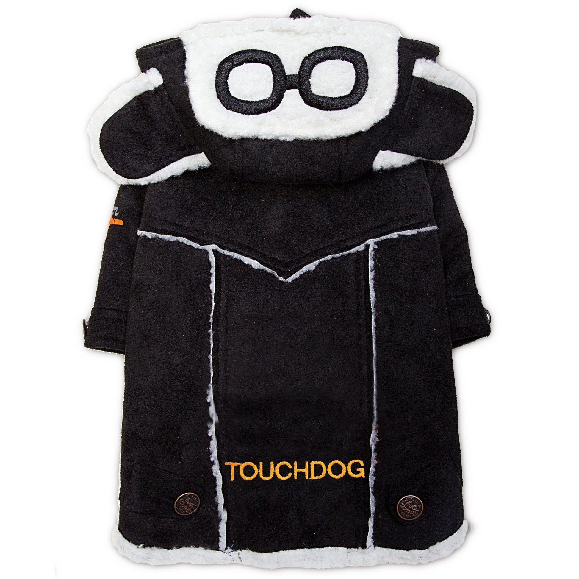 Black and white dog coat with panda design and 'TOUCHDOG' branding on a white background