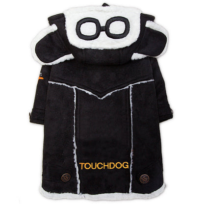 Black and white dog coat with panda design and 'TOUCHDOG' branding on a white background