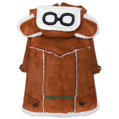 Brown dog coat with white fur trim and 'TOUCHDOG' branding on a white background