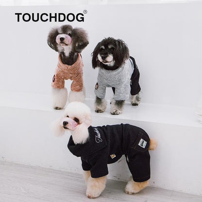 Three small dogs wearing sweaters on a white background with 'TOUCHDOG' branding.
