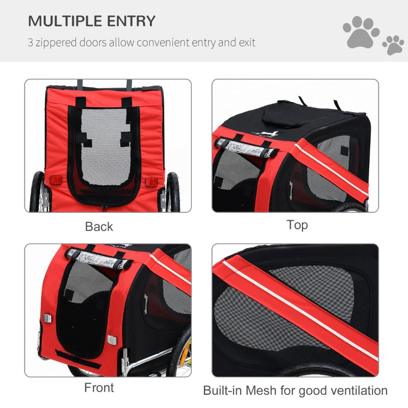 Red and black pet carrier with multiple entry points and mesh for ventilation.