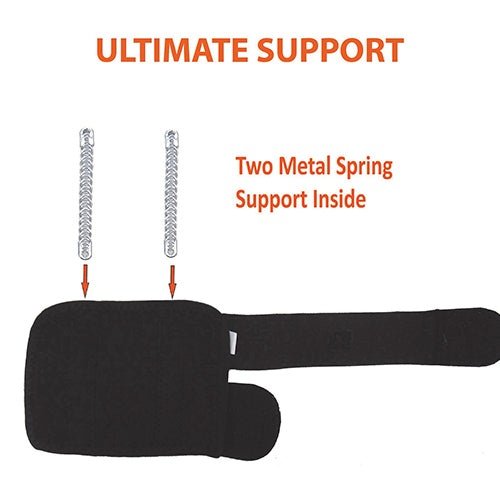 Black support brace with metal springs labeled 'Ultimate Support' and 'Two Metal Spring Support Inside' on a white background.