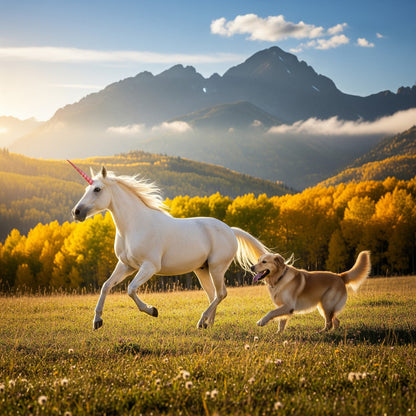 White unicorn and dog running together in a field with mountains in the background