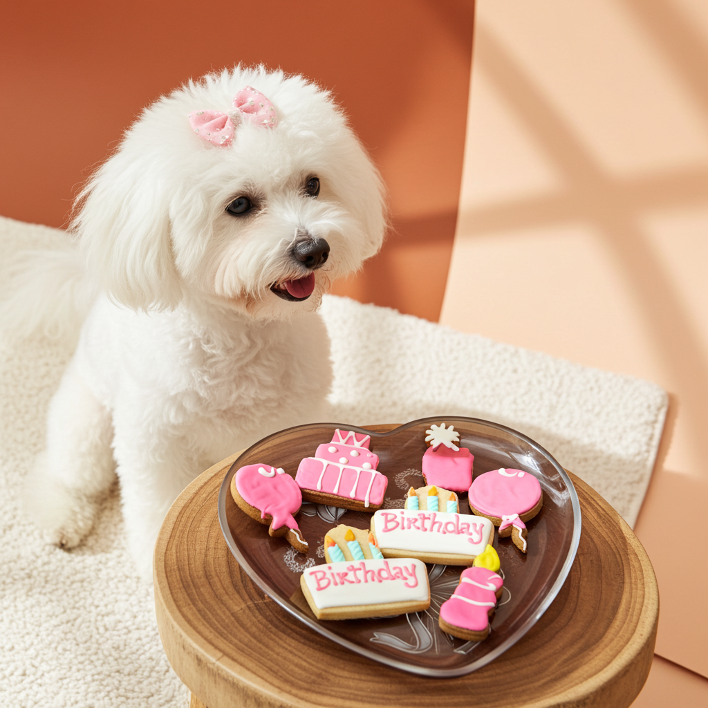 White dog with a pink bow sitting next to heart-shaped cookie platter with birthday-themed cookies.