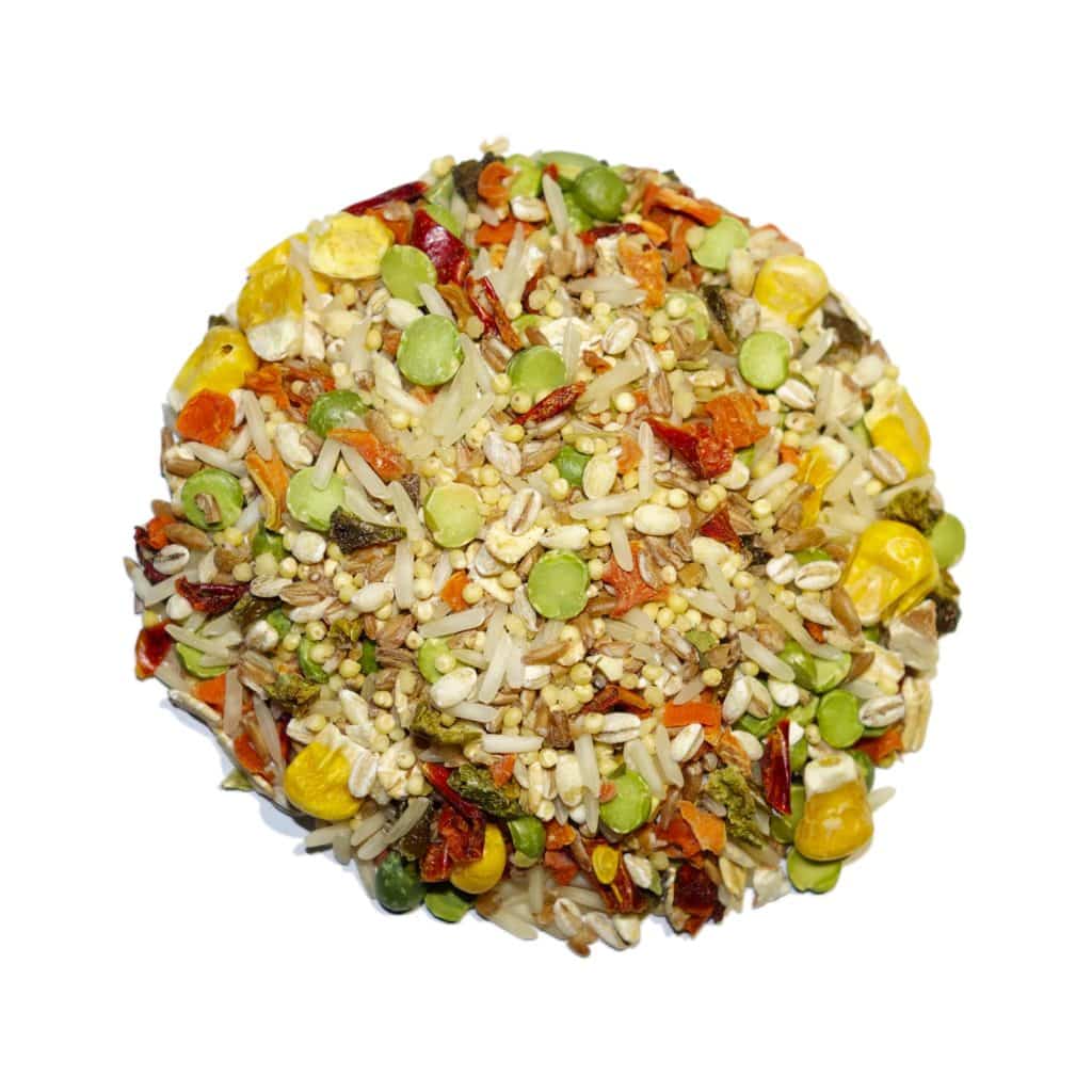 Colorful mix of rice, vegetables, and beans on a white background
