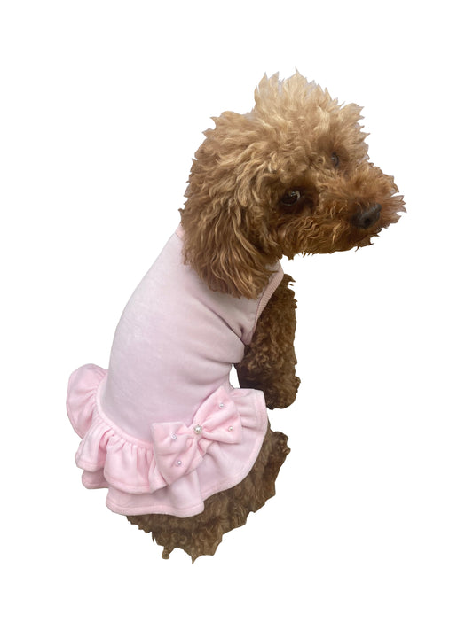 Velour Dress with Pink Bow  and Pearls