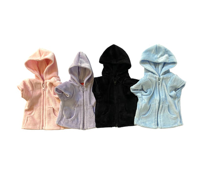 Four children's hoodies in different colors on a white background