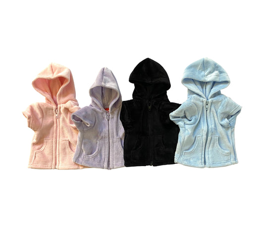 Four children's hoodies in different colors on a white background