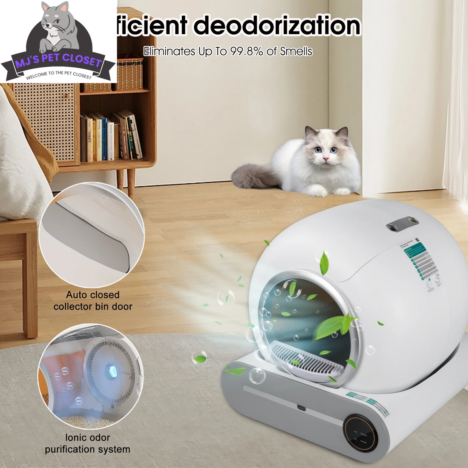 Pet deodorization device with a cat sitting on the floor in a room.